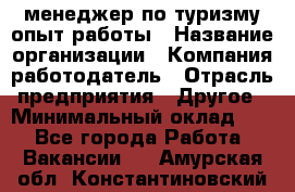 .менеджер по туризму-опыт работы › Название организации ­ Компания-работодатель › Отрасль предприятия ­ Другое › Минимальный оклад ­ 1 - Все города Работа » Вакансии   . Амурская обл.,Константиновский р-н